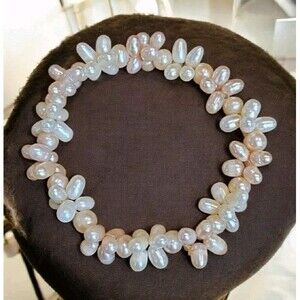 Blush & Cream Freshwater Pearl 3 Strand Stretch Bracelet Rice Round Pearls 6.5"